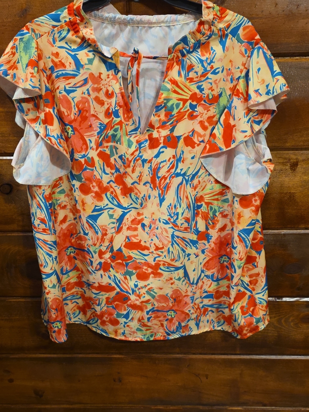 Floral Ruffle Sleeve Women's Top - Orange & Blue